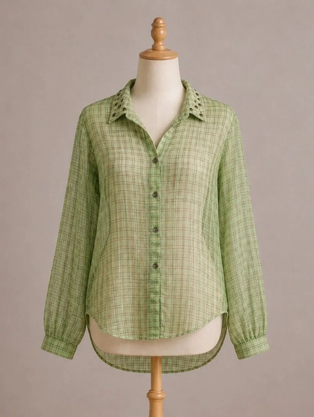 Green plaid cut out back embellished top